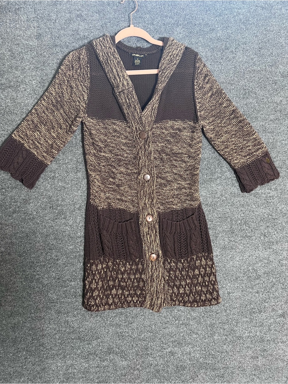 O’Neill Women’s Medium Brown Hooded Knit Cardigan Sweater Coat Boho Pockets